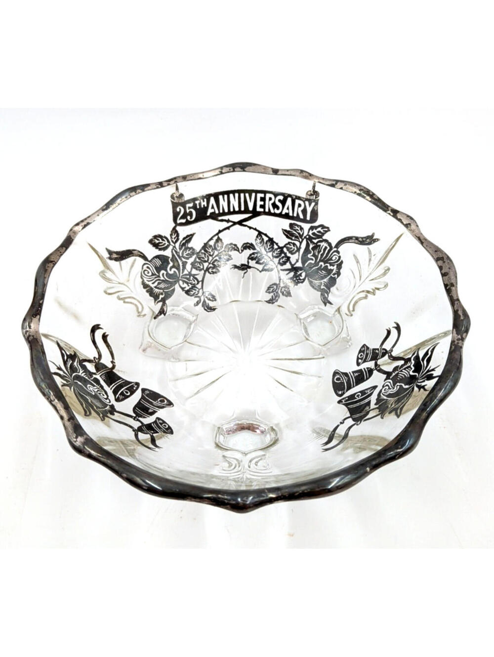 Sterling City 25th Anniversary Scalloped Sterling Edged Footed Bowl Bells Roses